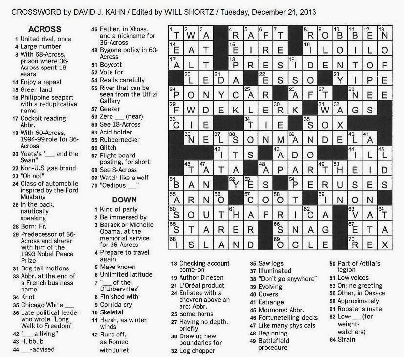 New York Times Crossword by David J Kahn edited by Will Shortz Tuesday December 24 2013